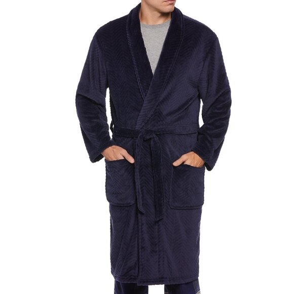 Perry Ellis Portfolio Men's Herringbone Textured Fleece Plush Robe Sleepwear OS - Picture 1 of 5